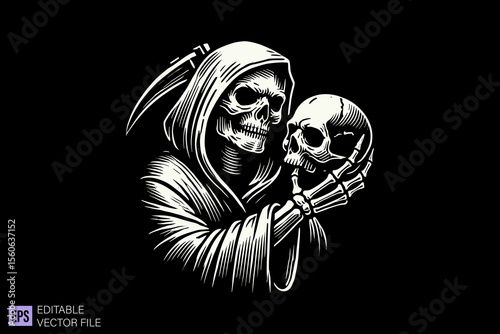 Grim reaper dark art scary creepy illustration engraving style tattoo vector black and white background templates