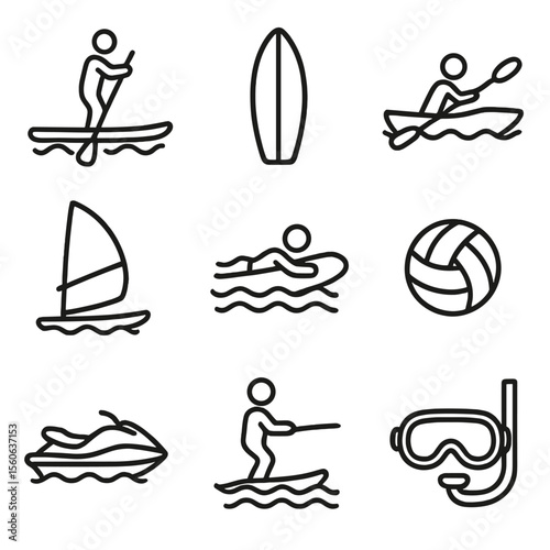 Water Sports Icons. Outline icon set of water sports activities: paddleboard, surfboard, kayak, windsurf sail, bodyboard, water