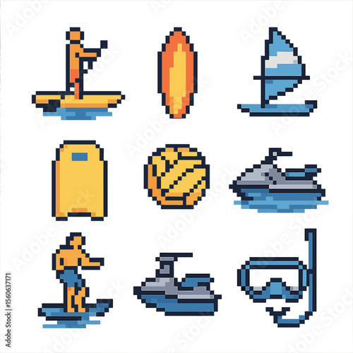 Water Sports Icons. Pixel art icon set of water sports activities: paddleboard, surfboard, kayak, windsurf sail, bodyboard, water