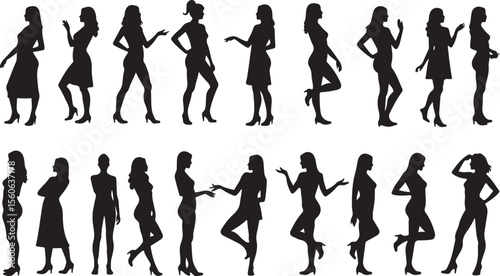 Set of vector black silhouettes illustrating women dancing, jumping, and engaged in sport and fitness