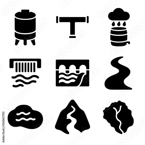 Water System Icons. Solid, filled icon set of water storage and movement: water tank, pipe system, rain barrel, storm drain,