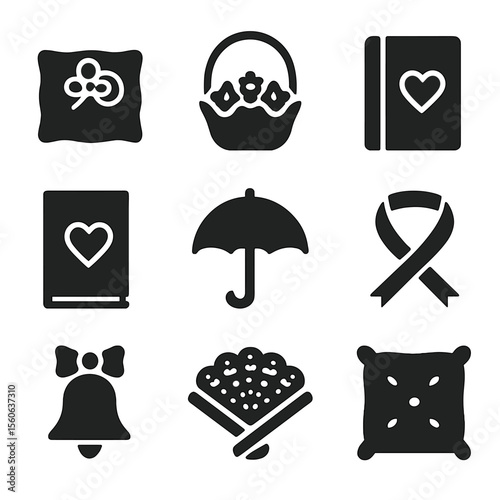 Wedding Ceremony Icons. Solid, filled icon set of wedding ceremony props: ring pillow, flower basket, unity candle, vow book, lace