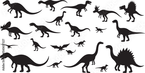 Dynamic vector silhouettes of running Jurassic dinosaurs, a captivating black illustration set for wildlife and animal designs