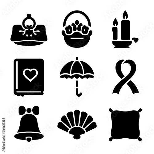 Wedding Ceremony Icons. Solid, filled icon set of wedding ceremony props: ring pillow, flower basket, unity candle, vow book, lace