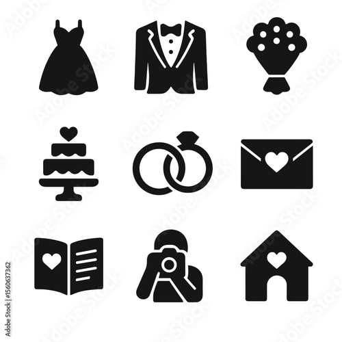 Wedding Icons Grid. Solid, filled icon set of wedding planning: wedding dress, tuxedo, flower bouquet, cake, wedding rings, love