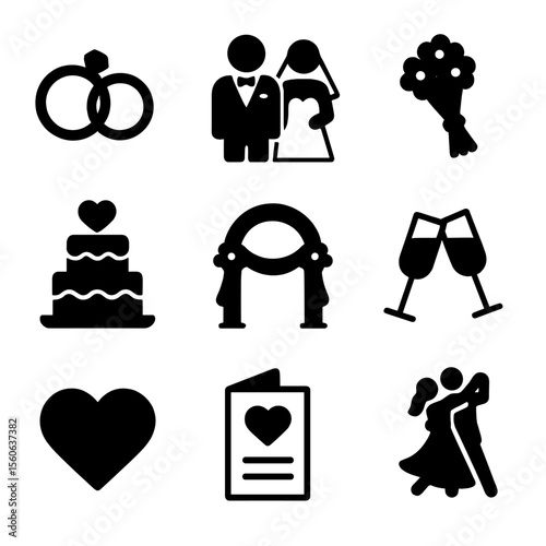 Wedding Icon Set. Solid, filled icon set of couple in matching outfits on wedding day: wedding rings, matching suits, bridal