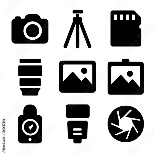 Weekend Photography Icons. Solid, filled icon set of weekend photography: DSLR camera, tripod, memory card, lens, mountain