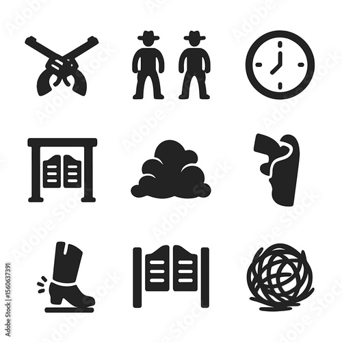 Western Showdown Icons. Solid, filled icon set of Western showdowns: dueling pistols, cowboy standoff, high noon clock, saloon