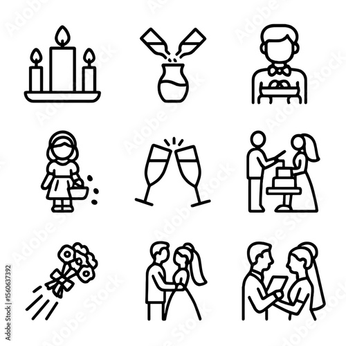 Wedding Traditions Icons. Solid, filled icon set of wedding traditions and customs: unity candle, sand ceremony, ring bearer,