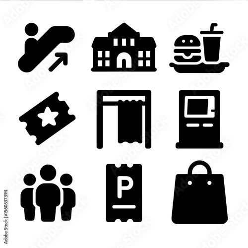 Weekend Mall Icon Set. Solid, filled icon set of weekend mall trip: escalator, shopping mall, food court tray, movie ticket,
