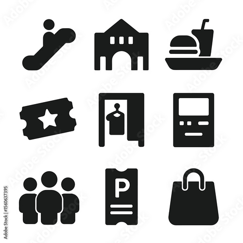 Weekend Mall Icon Set. Solid, filled icon set of weekend mall trip: escalator, shopping mall, food court tray, movie ticket,