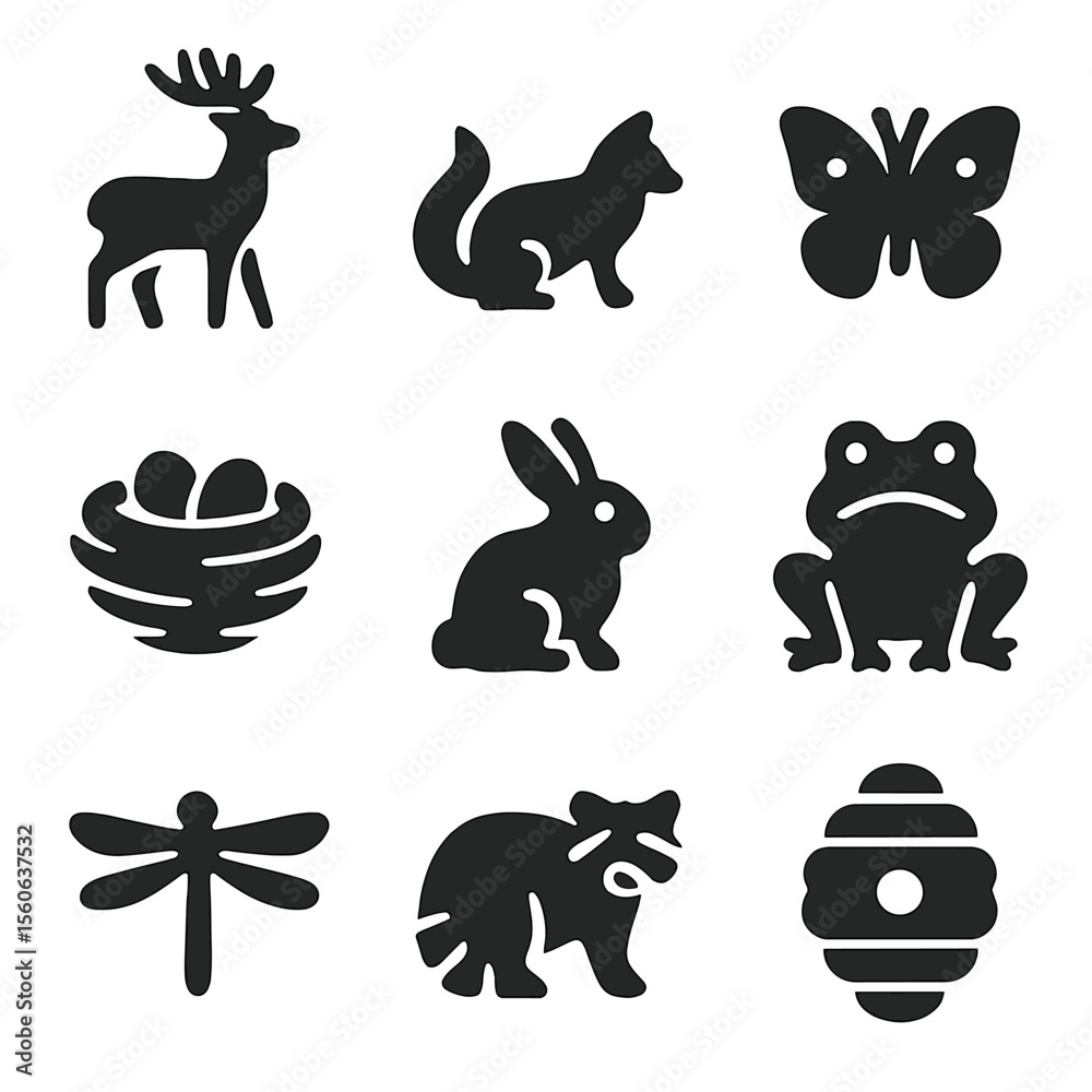 Obraz premium Wildlife Icon Grid. Solid, filled icon set of wildlife spotting: deer, fox, butterfly, bird nest, rabbit, frog, dragonfly, raccoon