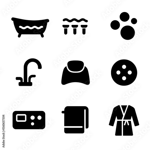 Whirlpool Bath Icon Set. Solid, filled icon set of whirlpool bath features: bathtub, water jets, bubbles, faucet, headrest, drain,