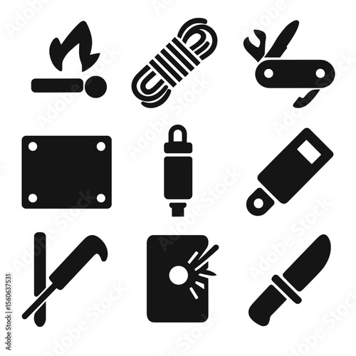 Wilderness Survival Tools. Solid, filled icon set of wilderness survival tools: firestarter, paracord, multi-tool, tarp, water