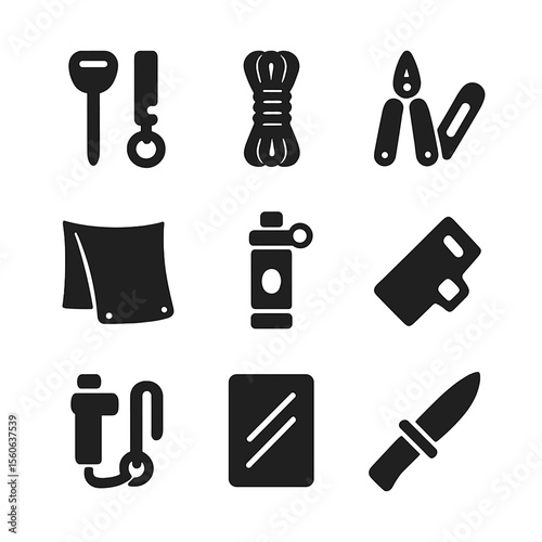 Wilderness Survival Tools. Solid, filled icon set of wilderness survival tools: firestarter, paracord, multi-tool, tarp, water