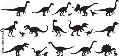 Vector black silhouettes of running wild animals and dinosaurs, a perfect icon set collection