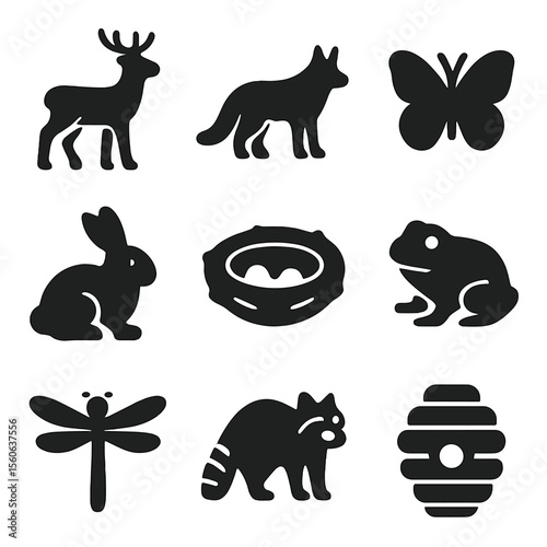 Wildlife Icon Grid. Solid, filled icon set of wildlife spotting: deer, fox, butterfly, bird nest, rabbit, frog, dragonfly, raccoon