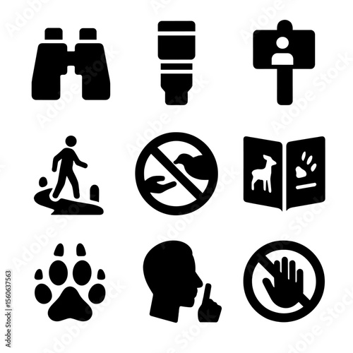 Wildlife Interaction Icons. Solid, filled icon set of responsible wildlife interaction: binoculars, camera zoom lens, observe sign