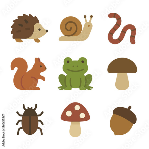Wildlife Leaf Icons. Flat icon set of wildlife in leaf litter: hedgehog, snail, earthworm, squirrel, frog, mushroom, beetle,