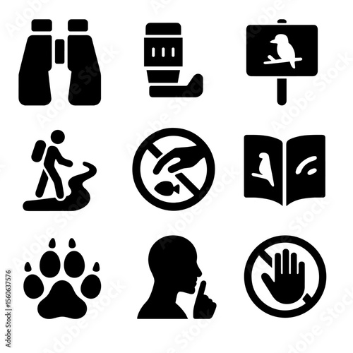 Wildlife Interaction Icons. Solid, filled icon set of responsible wildlife interaction: binoculars, camera zoom lens, observe sign