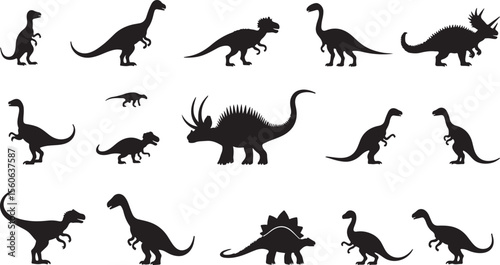Black vector silhouette collection of wild animals and dinosaurs