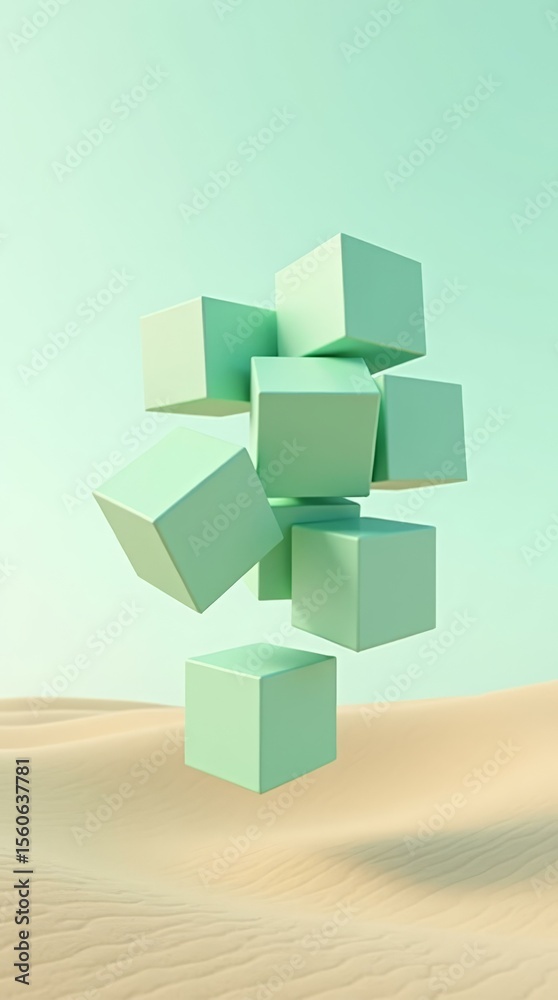 Fototapeta premium Mint green blocks on sand background — vertical scene for digital product display