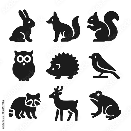 Woodland Animal Icons. Solid, filled icon set of woodland animals: rabbit, fox, squirrel, owl, hedgehog, songbird, raccoon, deer,