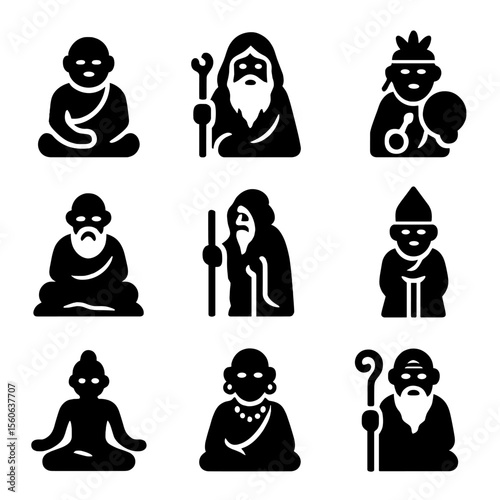 Wise Elders Icons. Solid, filled icon set of wise elder archetypes: old monk, forest sage, village shaman, mountain guru, desert