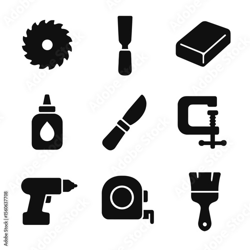 Woodworking Tool Icons. Solid, filled icon set of woodworking tools for jewelry boxes: saw blade, chisel, sanding block, wood glue