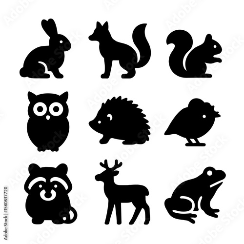 Woodland Animal Icons. Solid, filled icon set of woodland animals: rabbit, fox, squirrel, owl, hedgehog, songbird, raccoon, deer,