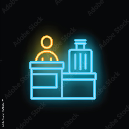 Neon sign illustrating a luggage drop off point at an airport check in counter with a staff member behind the desk