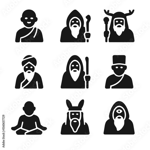Wise Elders Icons. Solid, filled icon set of wise elder archetypes: old monk, forest sage, village shaman, mountain guru, desert