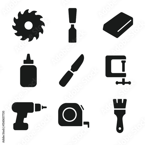 Woodworking Tool Icons. Solid, filled icon set of woodworking tools for jewelry boxes: saw blade, chisel, sanding block, wood glue