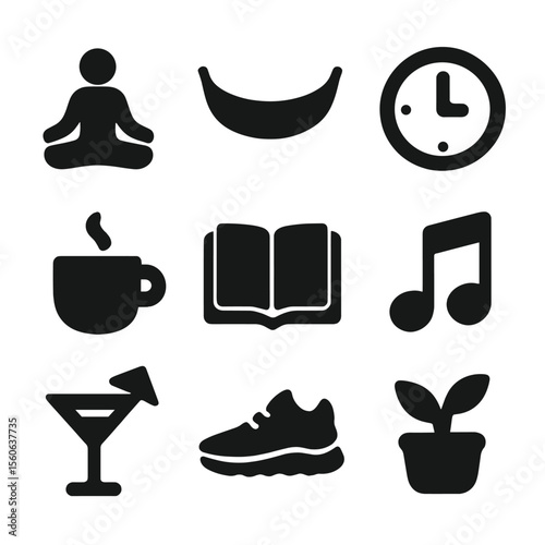 Work-Life Balance Icons. Solid, filled icon set of work-life balance: yoga pose, hammock, clock, coffee cup, book, music note,