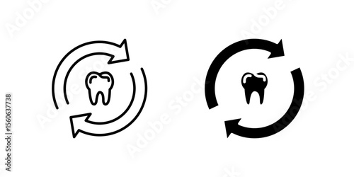 Dynamic teeth inside circular arrow icon set for oral health, dental process, and ongoing care. Ideal for dentistry and hygiene concepts.