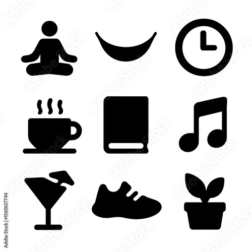 Work-Life Balance Icons. Solid, filled icon set of work-life balance: yoga pose, hammock, clock, coffee cup, book, music note,