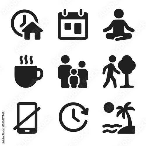 Work-Life Balance Icons. Solid, filled icon set of work-life balance initiatives: clock with home, calendar, yoga pose, coffee cup