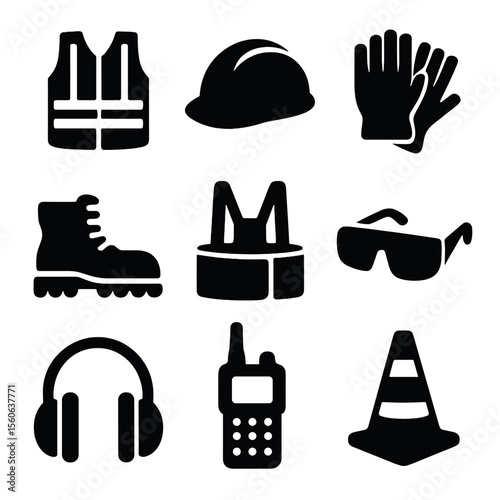 Worker Safety Icons. Solid, filled icon set of worker safety gear: safety vest, hard hat, work gloves, steel boots, back brace,