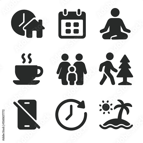 Work-Life Balance Icons. Solid, filled icon set of work-life balance initiatives: clock with home, calendar, yoga pose, coffee cup