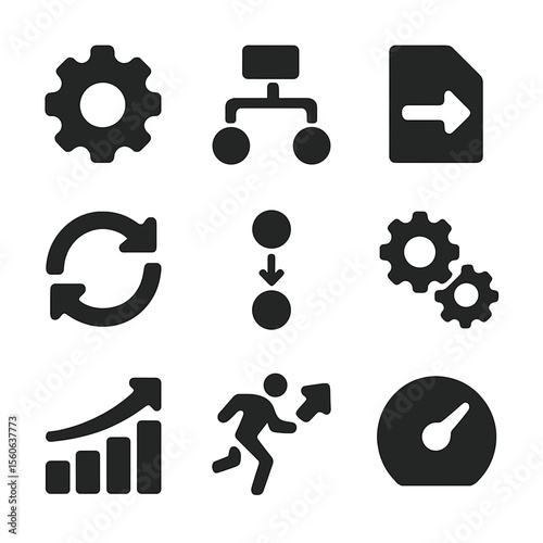 Workplace Efficiency Icons. Solid, filled icon set of workplace efficiency: automation gear, workflow diagram, streamlined icon,