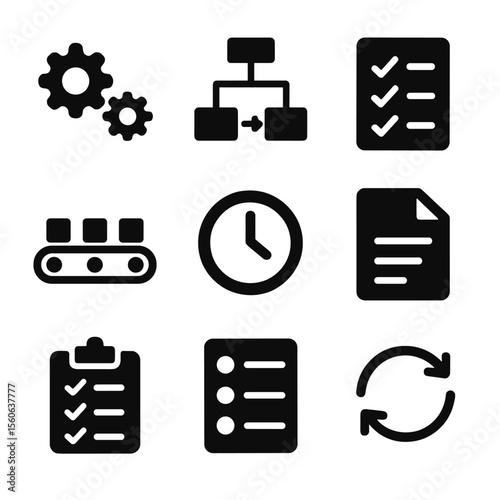 Workflow Icons Grid. Solid, filled icon set of managing workflow: gears, process flow, checklist, conveyor belt, clock, document,