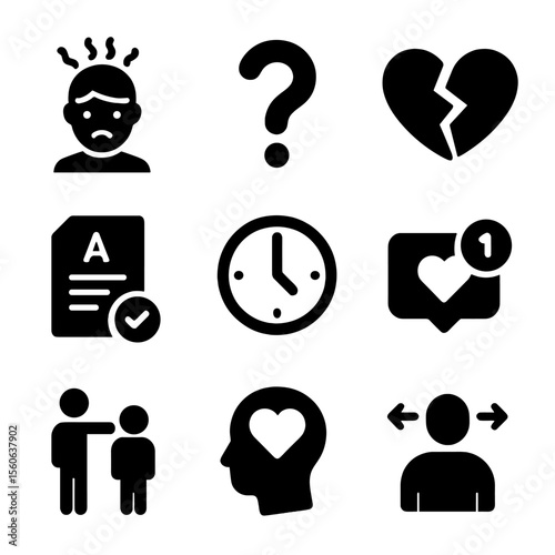 Youth Challenge Icons. Solid, filled icon set of youth challenges: stress icon, question mark, broken heart, exam paper, clock,