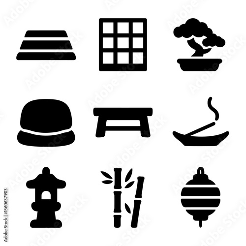 Zen Interior Icons. Solid, filled icon set of zen interior elements: tatami mat, shoji screen, bonsai tree, floor cushion, low