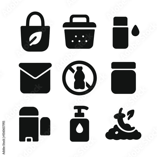 Zero Waste Icons. Solid, filled icon set of zero-waste travel habits: reusable bag, bulk food container, shampoo bar, no plastic