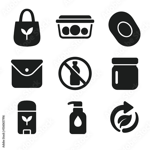 Zero Waste Icons. Solid, filled icon set of zero-waste travel habits: reusable bag, bulk food container, shampoo bar, no plastic