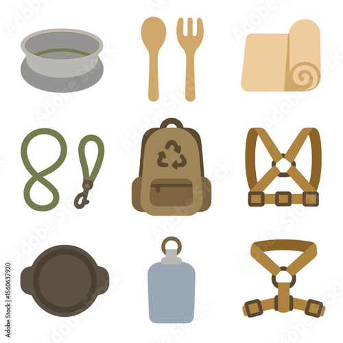 Zero-Waste Travel Icons. Flat icon set of zero-waste travel gear: stainless steel travel bowl, bamboo utensils, cotton travel mat,