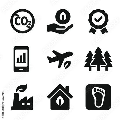 Zero Carbon Icons. Solid, filled icon set of zero carbon footprint: CO2 icon with slash, carbon offset, climate neutral badge,