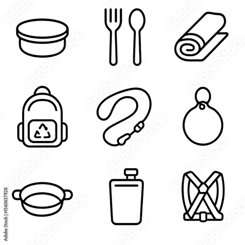 Zero-Waste Travel Icons. Outline icon set of zero-waste travel gear: stainless steel travel bowl, bamboo utensils, cotton travel