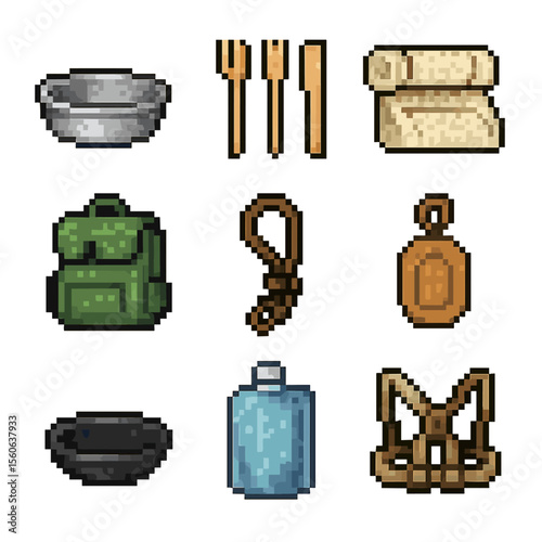 Zero-Waste Travel Gear. Pixel art icon set of zero-waste travel gear: stainless steel travel bowl, bamboo utensils, cotton travel