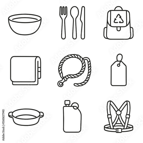 Zero-Waste Travel Icons. Outline icon set of zero-waste travel gear: stainless steel travel bowl, bamboo utensils, cotton travel